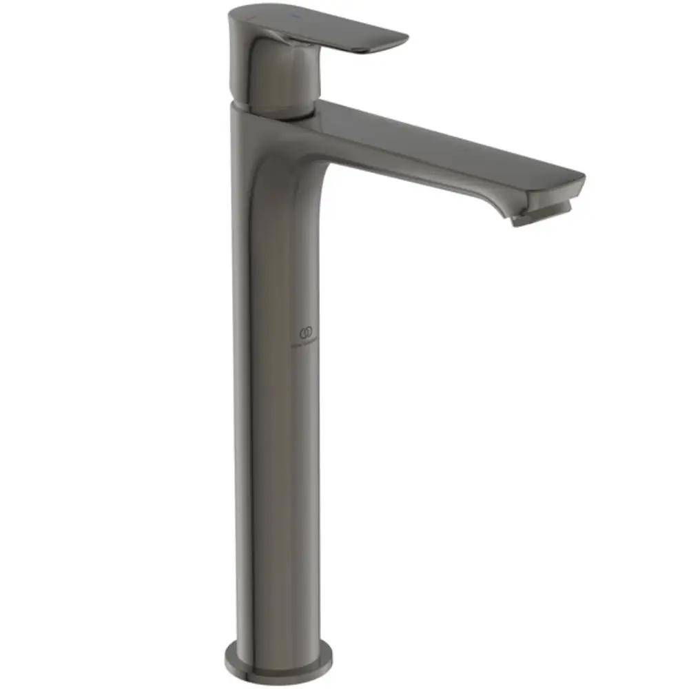 Ein schlanker Wasserhahn in Magnetgrau von Ideal Standard mit einer flachen Griffoberfläche und einem modernen, minimalistischen Design.